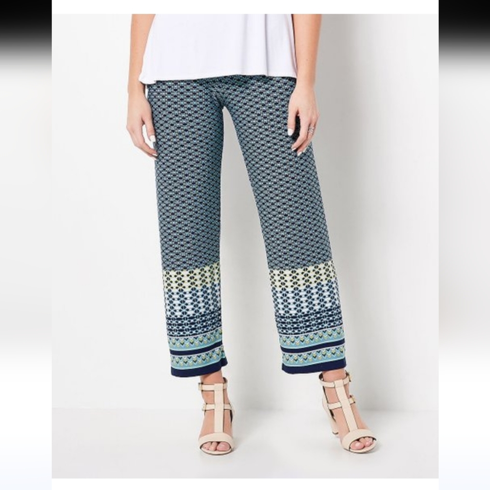 Susan Graver Blue Printed Wide Leg Pants with Navy & Cream Border
